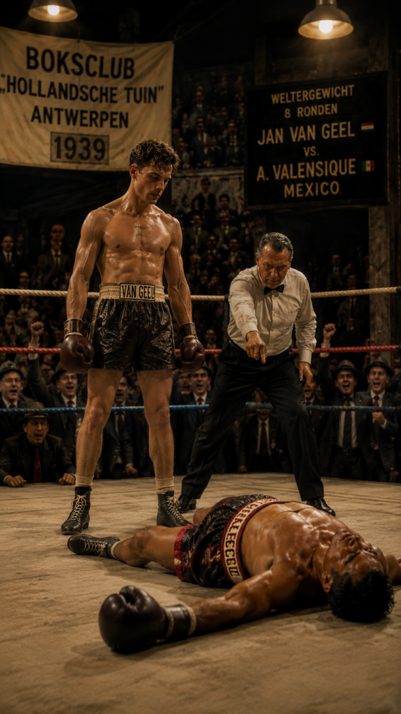 Jan van Geel stands in the boxing ring after knocking out his Mexican opponent, Valensique, during a match in Antwerp in 1939.
